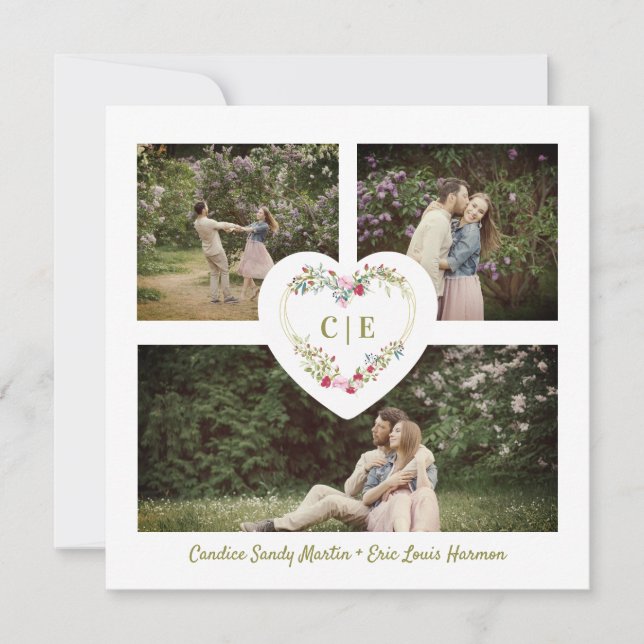 White Elegant Floral Pink Heart 3 Photos  Wedding Einladung (Vorderseite)