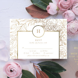 White Elegant Gold Monogram Wreath Wedding RSVP Ca Karte