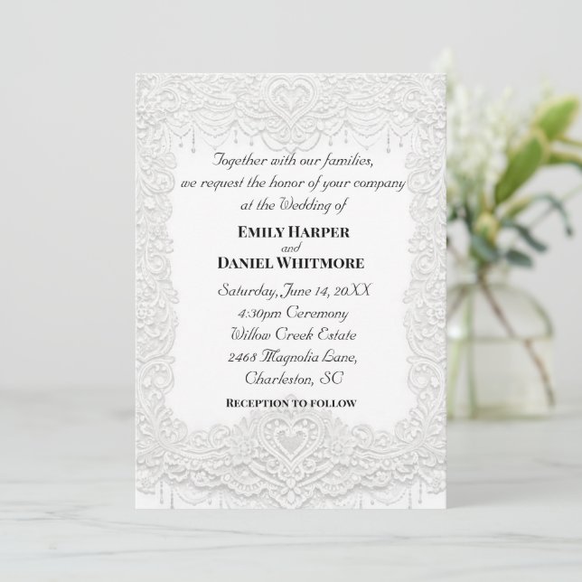White Elegant Lace Wedding Invitation Einladung (Stehend Vorderseite)