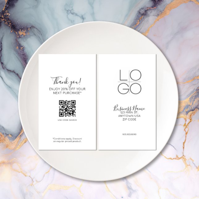 White Elegant Minimal Script Promo Discount QR Visitenkarte (Elegant Minimal Script double-sided Discount card)