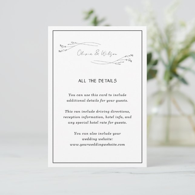 White Elegant Minimalist Botanical Wedding Details Begleitkarte (Stehend Vorderseite)