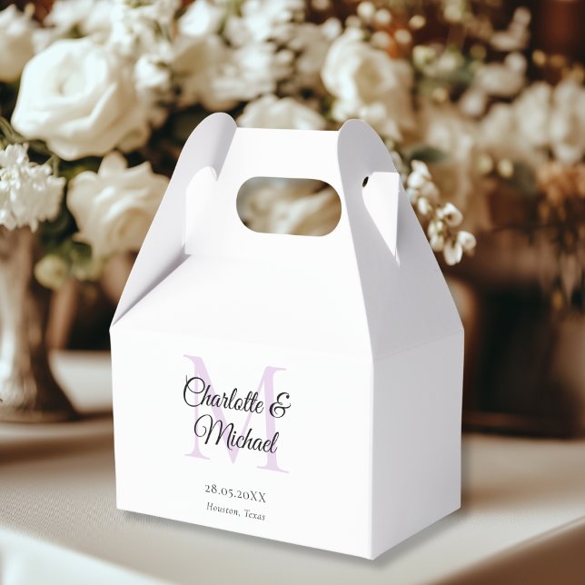 White Elegant Monogram Wedding Geschenkschachtel (White Elegant Monogram Wedding Favor Boxes, white, purple, with your name and date.)