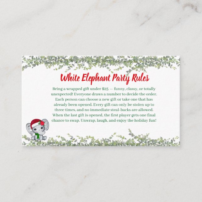 White Elephant Party Rules Card | Funny & Elegant  Begleitkarte (Vorderseite)
