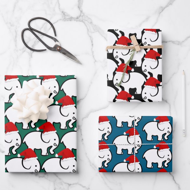White Elephant Santa Hat Design Wrapping Paper Geschenkpapier Set (Vorderseite)