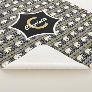 White Elephant Tribal Muster Black Gold Monogram Sherpadecke