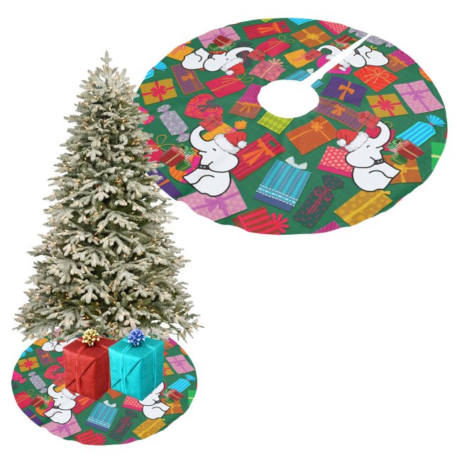 White Elephant Weihnachten präsentiert grünes Hint Polyester Weihnachtsbaumdecke (White Elephant Christmas Presents Green Background Brushed Polyester Tree Skirt)