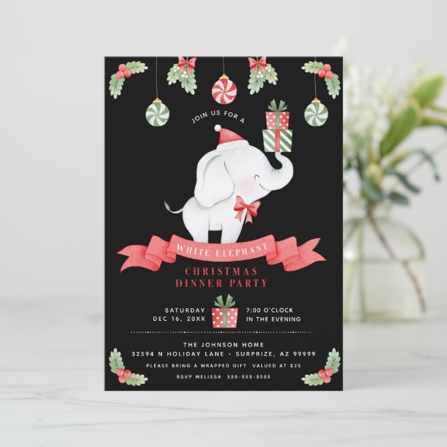 White Elephant Weihnachtsessen Geschenkbörse Einladung (Stehend Vorderseite)