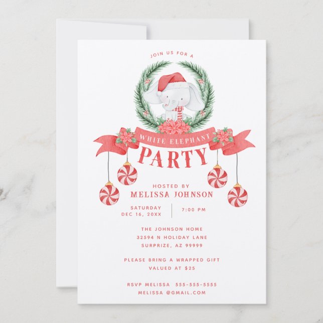 White Elephant Weihnachtsgeschenke Exchange Einladung (Vorderseite)