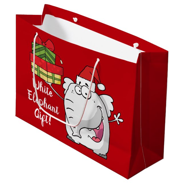 White Elephant Weihnachtsmannmütze gibt Cartoon Große Geschenktüte (Vorderseite Schrägansicht)