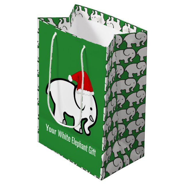 White Elephant with Santa Hat Design Gift Bag Mittlere Geschenktüte (Vorderseite Schrägansicht)