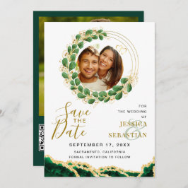 White Emerald Green & Gold Add QR Code Foto Save The Date
