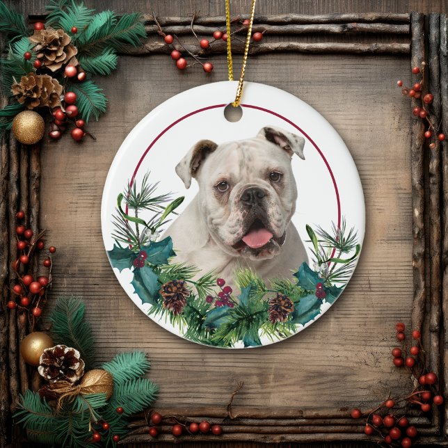White English Bulldog Evergreen Wreath Keramik Ornament (Von Creator hochgeladen)