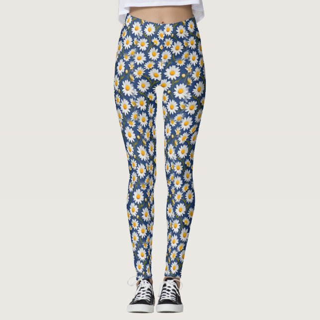 White English Daisies on Blue Leggings (Vorderseite)