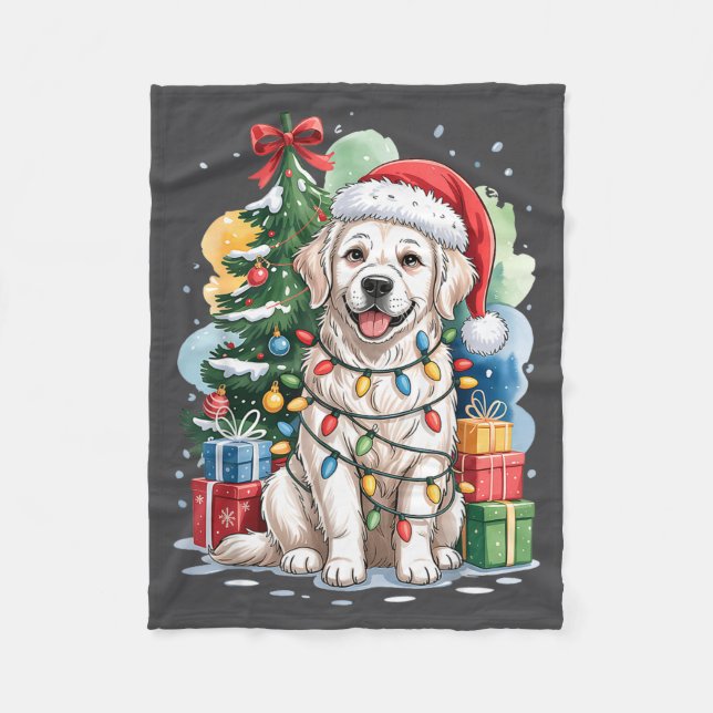 White English Golden Retriever Santa Hat Christmas Fleecedecke (Vorderseite)