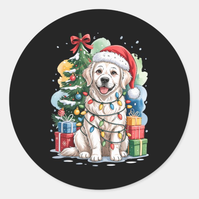 White English Golden Retriever Santa Hat Christmas Runder Aufkleber (Vorderseite)
