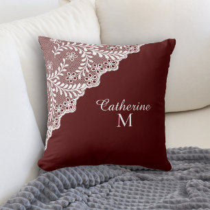 White Eyelet Lace Maroon Red Monogram Kissen