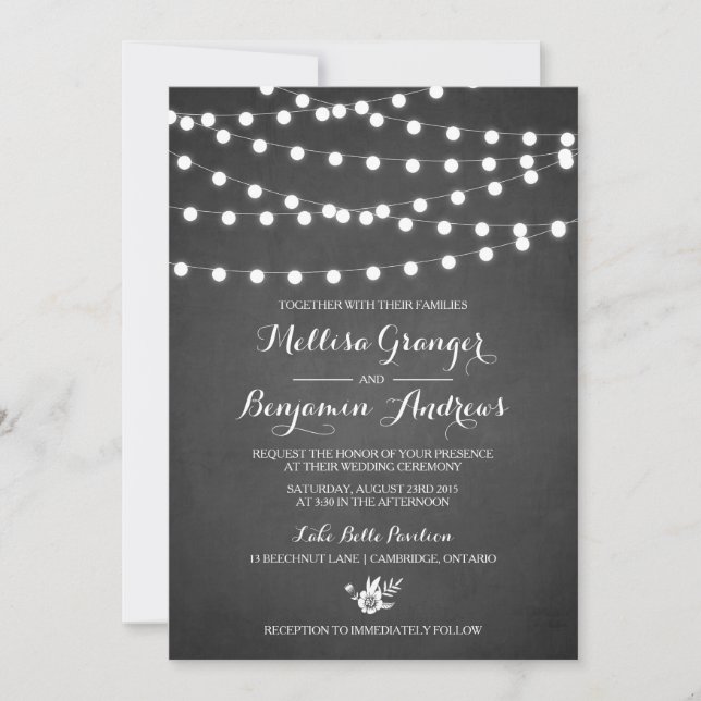 White Fairy Lights Chalkboard Hochzeit Einladung (Vorderseite)