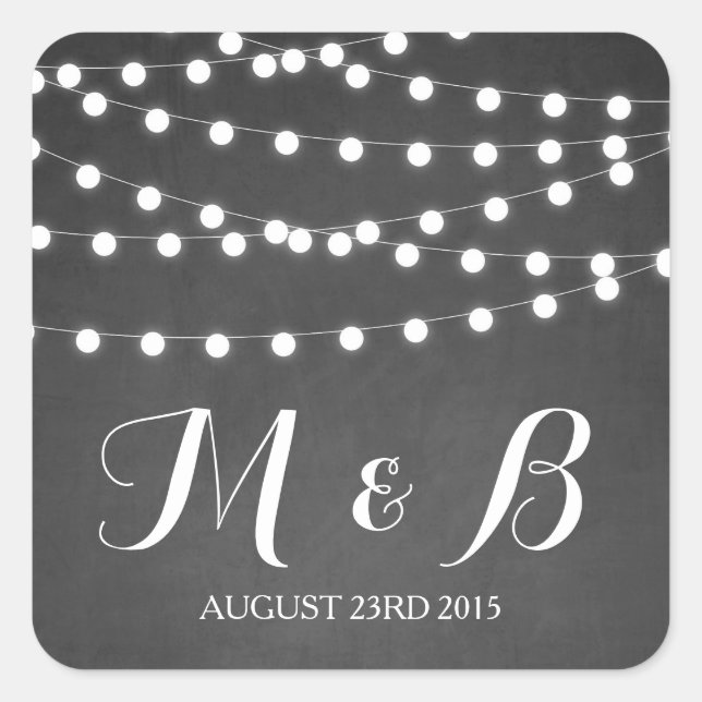 White Fairy Lights Chalkboard Hochzeitsticker Quadratischer Aufkleber (Vorderseite)