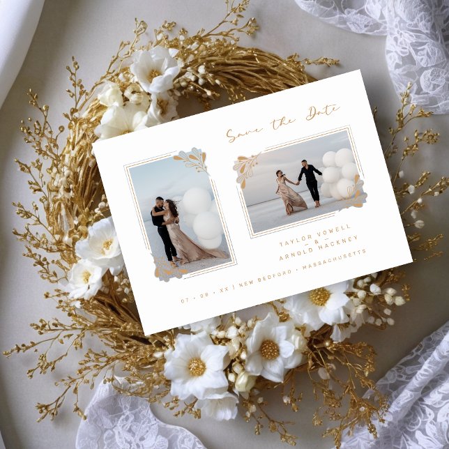 White Fancy Golden Minimalist Branches 2 Photos (White Fancy Golden Minimalist Branches 2 Photos Wedding Save the Date Card with Envelope.)