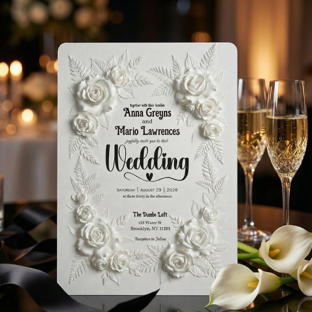 White Faux Bas Relief Floral Wedding Invitation Einladung (Von Creator hochgeladen)