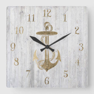 White faux gold nautical anchor vintage white wood quadratische wanduhr