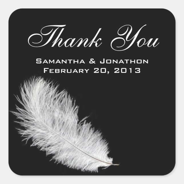 White Feather Black Gastgeschenk Hochzeit Labels Quadratischer Aufkleber (Vorderseite)