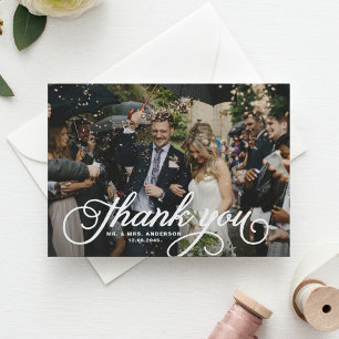 White Feminine Rustic Script Foto Wedding Dankeskarte