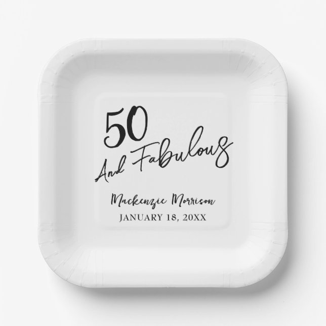 White Fifty and Fabulous Script Birthday Party Pappteller (Vorderseite)