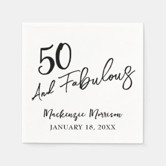 White Fifty and Fabulous Script Birthday Party Serviette