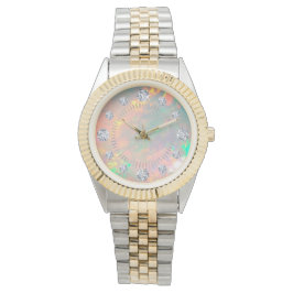 White Fire Opal Diamond Solitaire Dial Steel Gold Armbanduhr