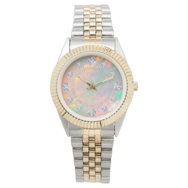 White Fire Opal Diamond Solitaire Dial Steel Gold Armbanduhr (Vorderseite)