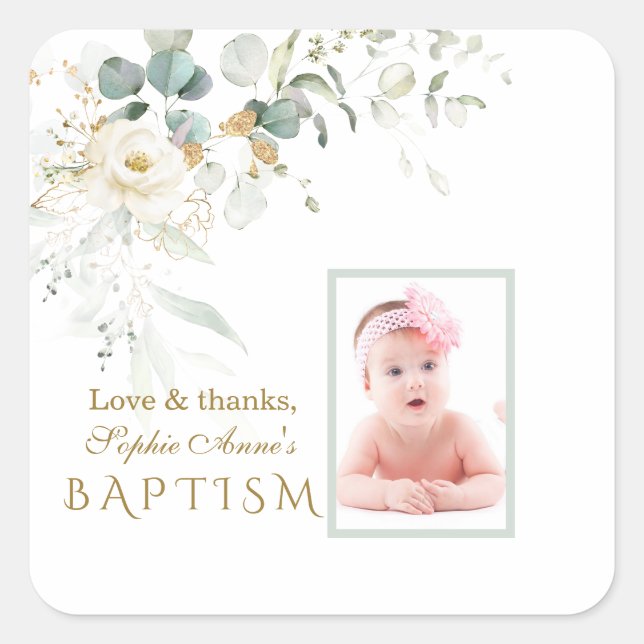 White Floral Airy Greenery Girl Foto Baptism Fav Quadratischer Aufkleber (Vorderseite)