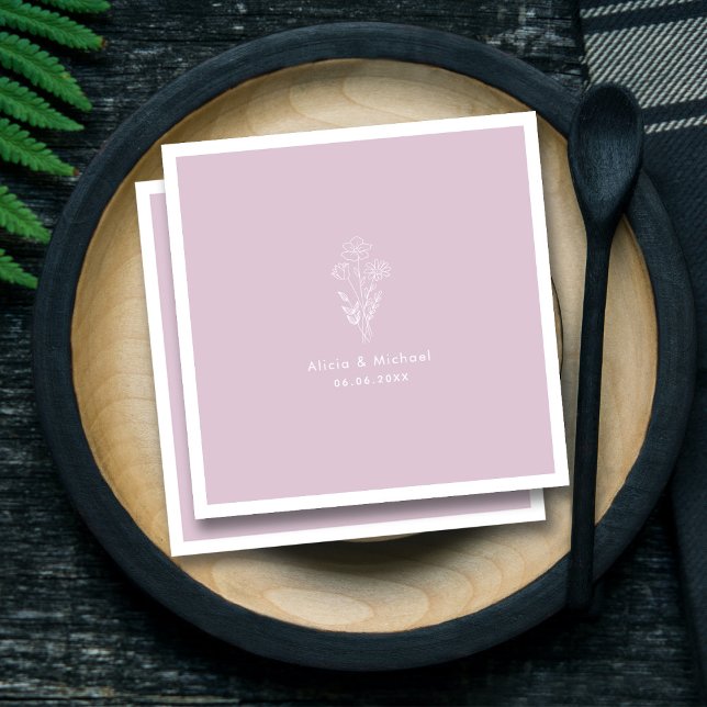 White Floral Art Line Bouquet Lilac Wedding Serviette (Personalized Whimsical Floral in Lilac Wedding Napkins)