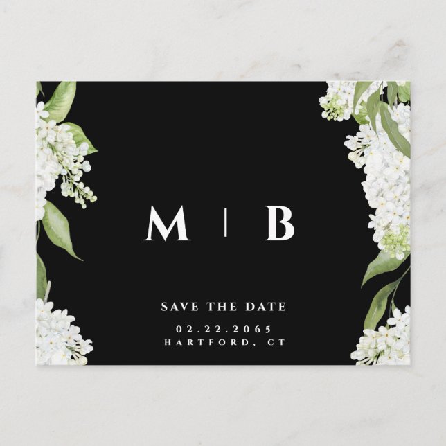 White Floral B/W Monogram Wedding Save the Date Postkarte (Vorderseite)