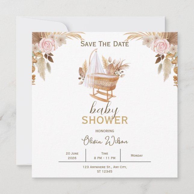 White Floral Baby Dusche Save the Date Karte (Vorderseite)
