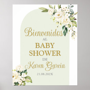 White Floral Baby Shower Junge Spanische Begrüßung Poster