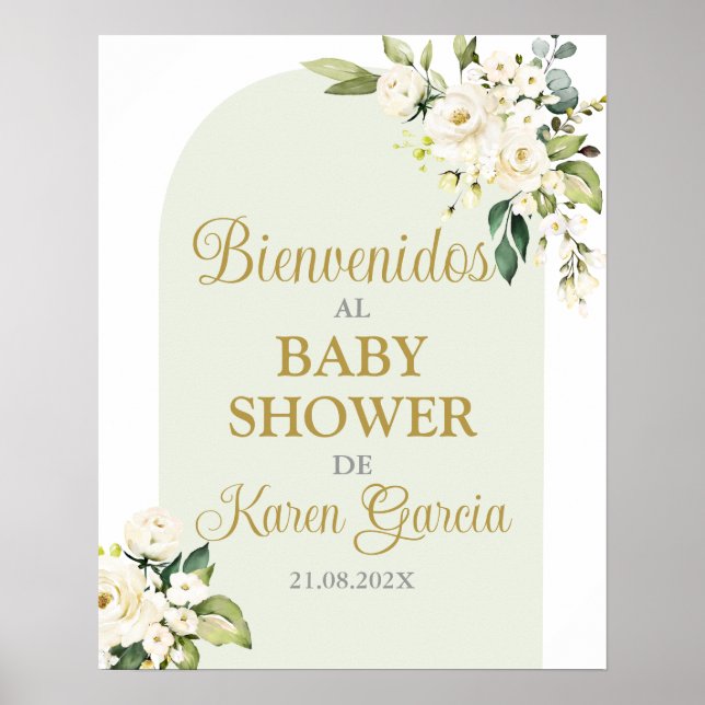 White Floral Baby Shower Junge Spanische Begrüßung Poster (Vorne)