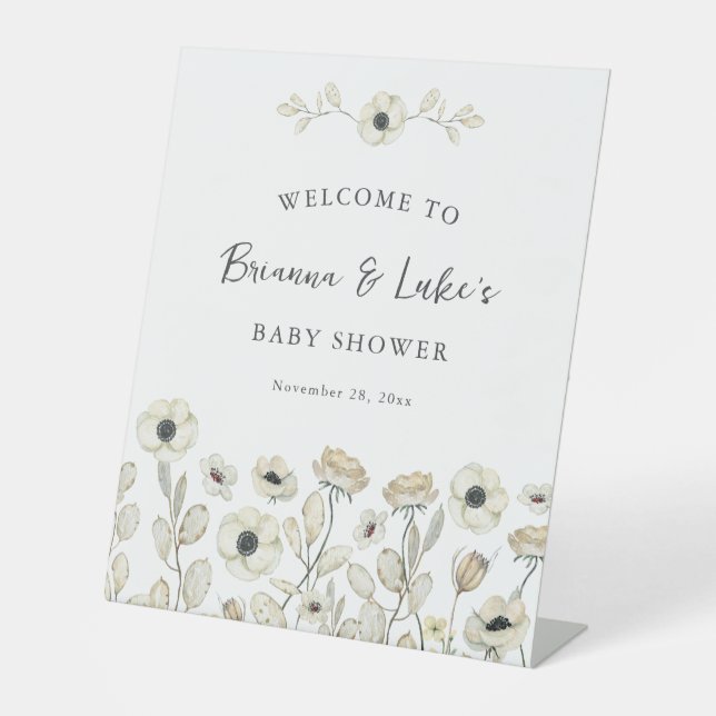White Floral Baby Shower Welcome Sockelschild (Vorderseite)