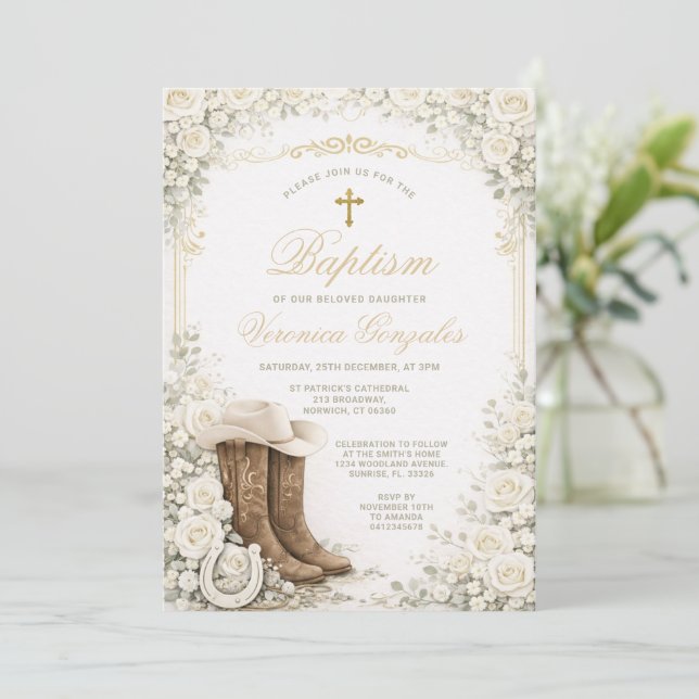 White Floral Baptism Invite with Cowboy Boots Einladung (Stehend Vorderseite)