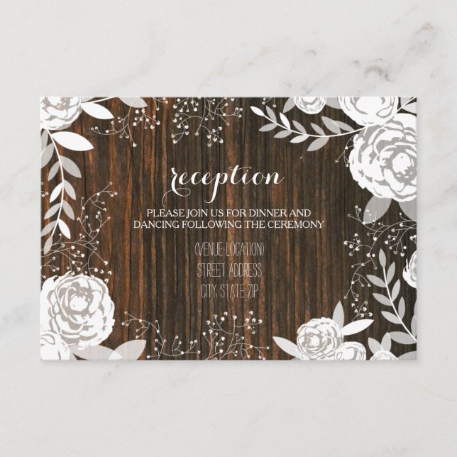 White Floral Barnwood Inspiriert Hochzeitsempfang Begleitkarte (Vorderseite)