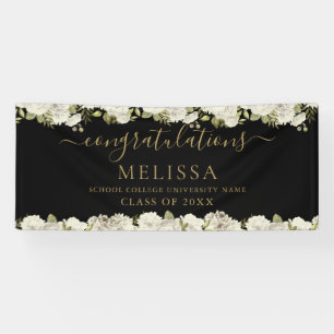 White Floral Black and Gold Script Abschluss Banner