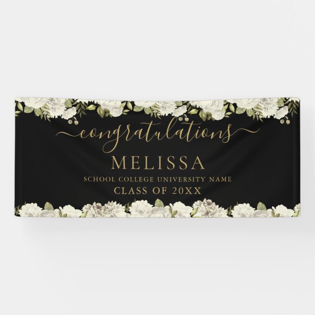 White Floral Black and Gold Script Abschluss Banner (Horizontal)