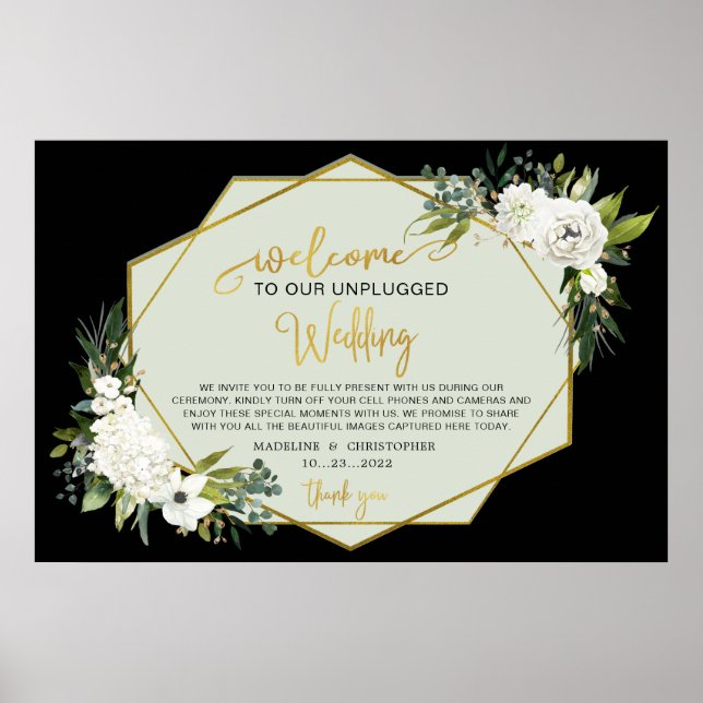 White Floral Black Gold Wedding Names nicht angesc Poster (Vorne)