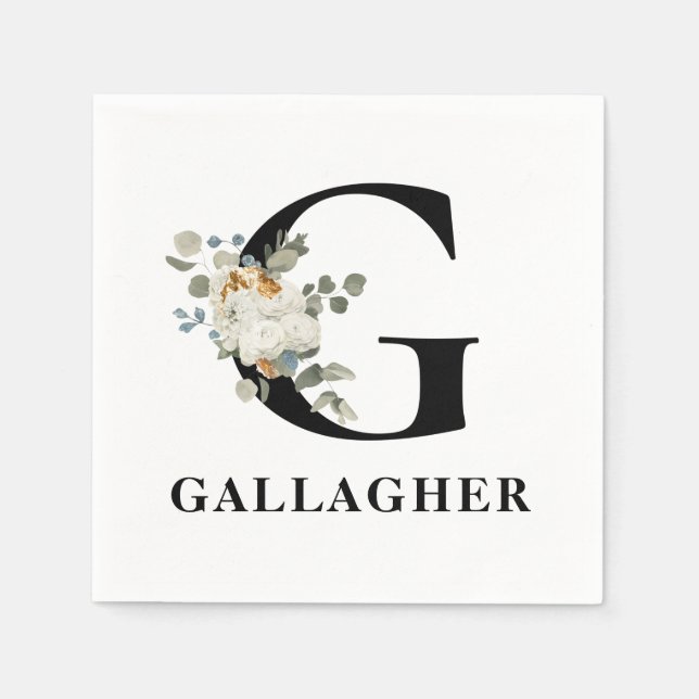 White Floral Black Monogram G Serviette (Vorderseite)
