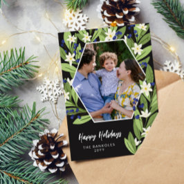 White Floral Blue Berries Hexagon Happy Holidays Feiertagskarte