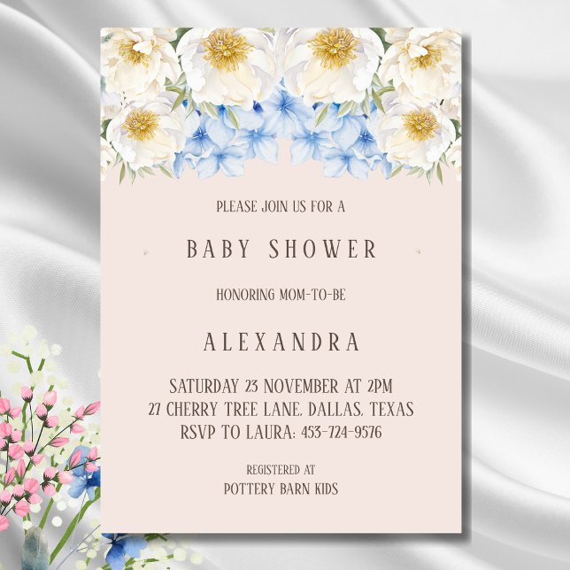 White Floral Blue Hydrangea Garden Baby Dusche Einladung (Von Creator hochgeladen)