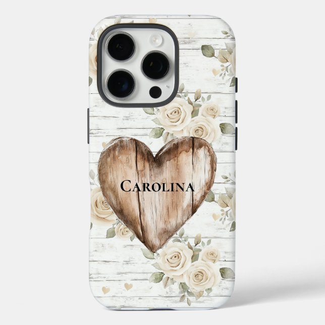 White Floral Boho Imitats Holz Herz Case-Mate iPhone Hülle (Rückseite)
