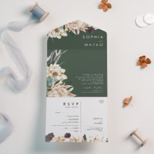 White Floral Bouquet Dunkelgrünes Siegel und Sen All In One Einladung