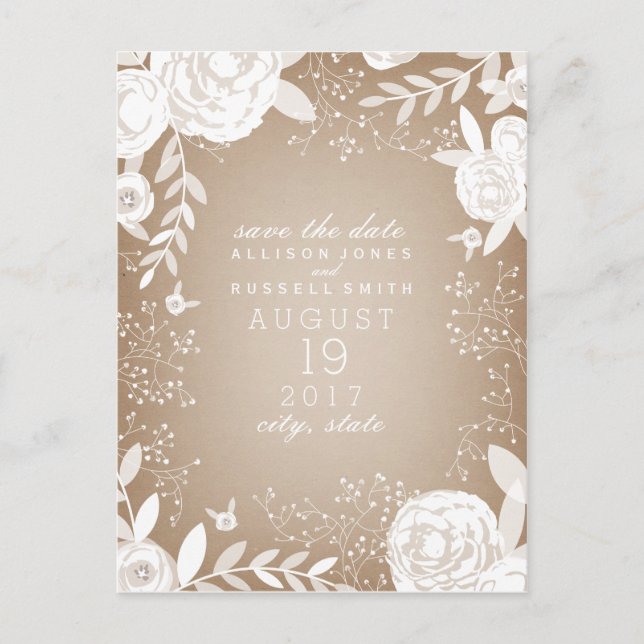 White Floral Cardstock Save the Date Inspiriert Ankündigungspostkarte (Vorderseite)