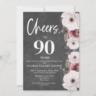White Floral Chalkboard Cheers to 90th Birthday Einladung